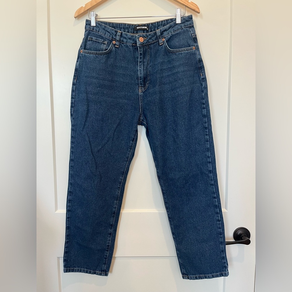Nocturne 100% Cotton Jeans Dark Blue High-Waisted Neutral Solid Classic Sz 40